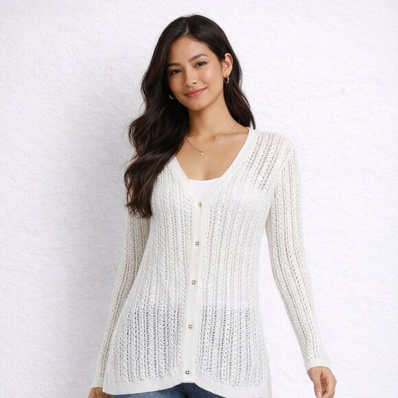 Lafayette 148 New York Sweaters - Lafayette 148 Hemp White Open Knit Cardigan Size XL Button Front Sweater Chic